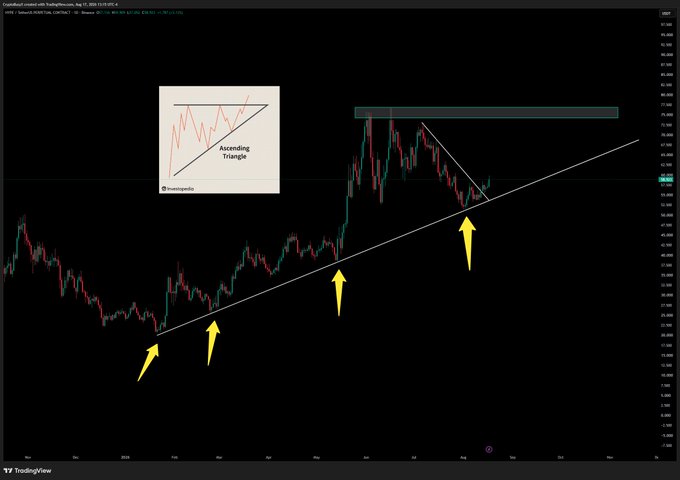 The image displays a TradingView chart of the CryptoFutures contract $HYPE (Hyperliquid), with the price at 37.148 on a 1-day timeframe, showing an ascending trendline pattern with yellow arrows marking recent support touches and a resistance zone highlighted near the top, while an inset diagram illustrates the ascending triangle formation.