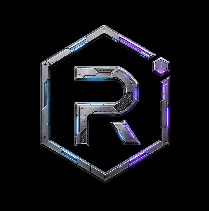 A metallic, futuristic logo featuring the letter "R" encased in a hexagonal frame, accented with glowing blue and purple neon lights against a black background.