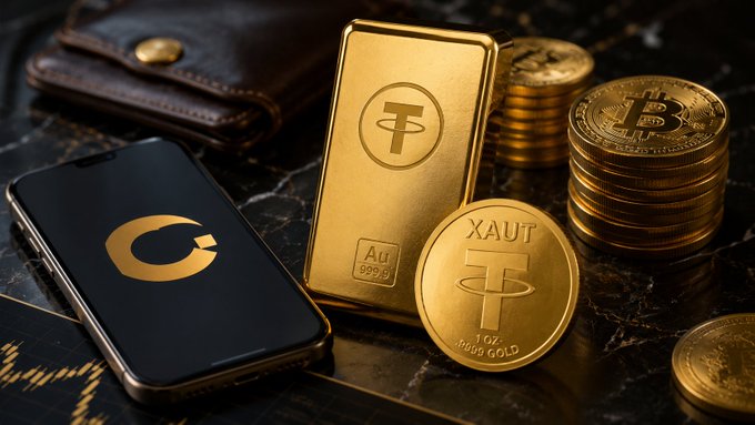 The image features a cell phone placed next to two stacks of gold coins - one gold coin labeled "XAUT" and another gold coin with a "T" symbol. The cell phone appears to be an older model, possibly from the early 2000s era. The scene suggests that someone might have been using the cell phone for transactions involving cryptocurrency or digital assets like XAUT-Backed Loans coming soon.