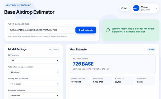The image shows a screenshot of a computer screen displaying a webpage titled "Base Airdrop Estimator" with a blue header, white body text, and a green footer. The website appears to be a tool for estimating the value of an asset or property, possibly related to real estate or cryptocurrency.