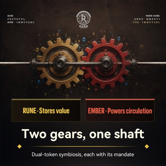 The image features two gears, one red and one gold, with the text "Two gears, one shaft". The caption below the image reads "Double-tokens symbiosis, each with its mandate", which suggests that the gears are symbolic of a token economy where tokens can be used to represent goods or services.