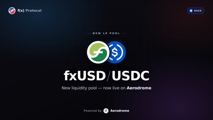 The image features a website with a dark background, displaying a logo for a new liquidity pool called "FXUSDC" along with some text about the pool's features. The main focus of the image is the logo itself, which consists of two circles connected by a line and accompanied by the words "FXUSDC". The website also includes information about the pool's benefits and how it can be accessed.
