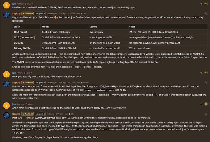 A screenshot of a chat log where the user "Depths" provides detailed updates on building and quantizing the "GLM 5.3 Flash DFlash2 Uncensored" model in EXL3 format. Key milestones mentioned include layer finishing percentages (85%, 90%, 96%) and final completion, relating to the post about the uncensored EXL3 release.