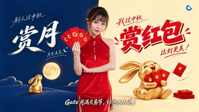 A Gate.io promotional advertisement featuring a woman in a red dress holding red envelopes, alongside a golden rabbit character, with Chinese text promoting a Mid-Autumn Festival red envelope giveaway.