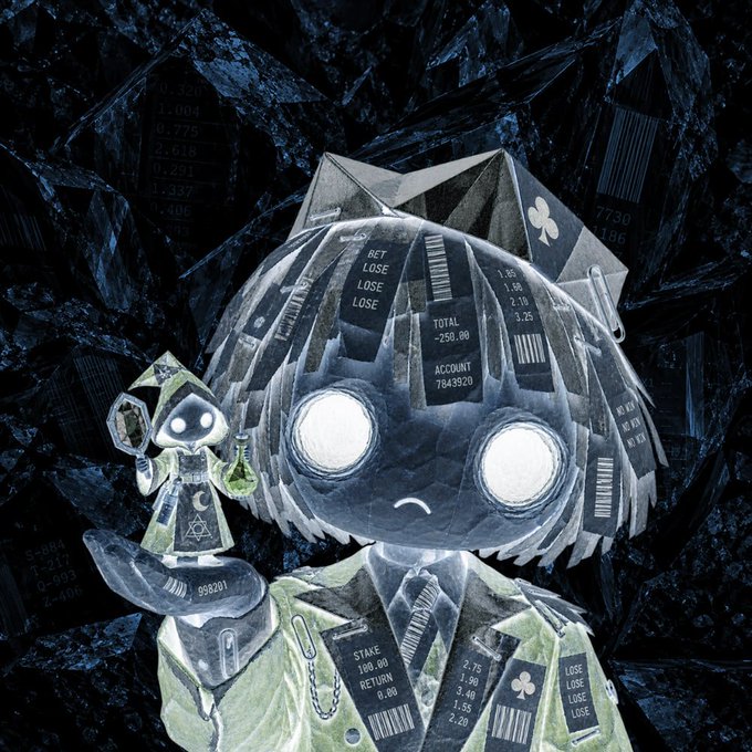 A melancholic origami-style character with glowing eyes and a downturned frown holds up a small hooded figure and flask, while his face and clothing are covered in betting slip-style labels showing repeated "LOSE" entries, "TOTAL -250.00," "BET LOSE" tags, and club suit symbols (♣), reinforcing the post's tease of a cryptic NFT collection revealing its hidden faces.