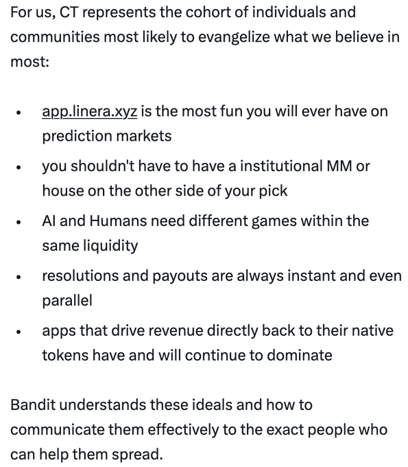 A text document discussing CT (crypto Twitter) evangelism ideals, mentioning app.linera.xyz as fun prediction markets, the need for AI and Humans to have different games, instant resolutions, and apps that drive revenue back to their native tokens, noting 'Bandit understands these ideals.'