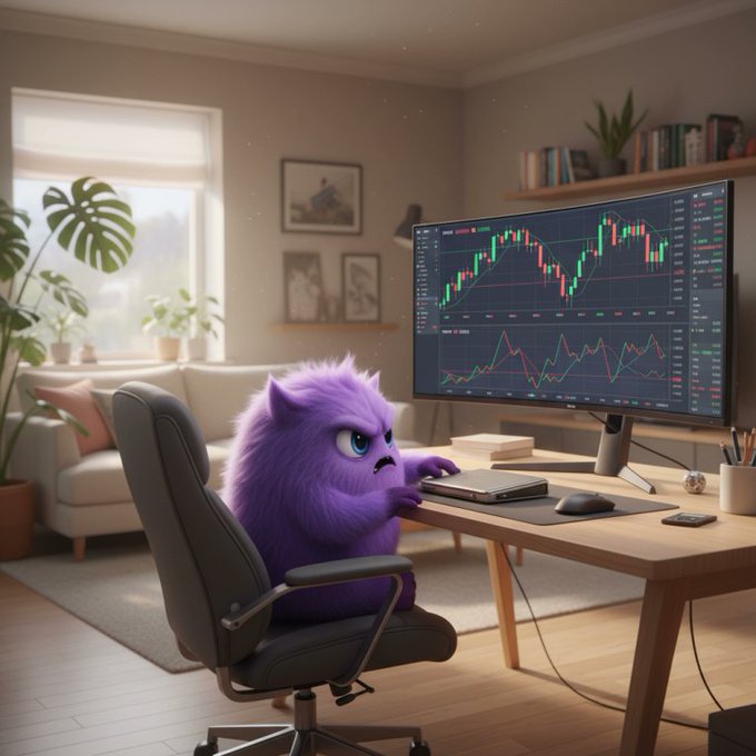An AI-generated image of a purple, furry monster character sitting at a desk in a cozy home office, looking frustrated at a large monitor displaying stock market charts and candlestick graphs.