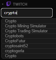 The image shows a Twitch search bar with "cryptd" typed in, displaying a dropdown of related crypto streamer channels including "Crypto," "Crypto Mining Simulator," "Crypto Trading Simulator," "Cryptobots," "CryptoFutur," "cryptosaint52," "cryptogerla," and "Crypto." This illustrates the post's point about easily searching for crypto streamers on Twitch, demonstrating how users can quickly find live crypto content by typing relevant keywords.