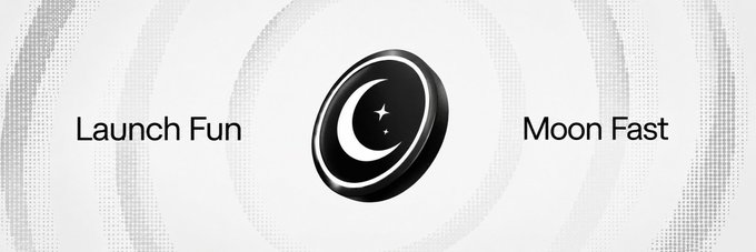 A logo featuring a black circular icon with a crescent moon and stars, flanked by the text 'Launch Fun' on the left and 'Moon Fast' on the right against a light gray patterned background.