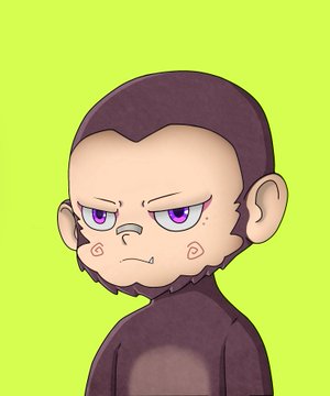 Chibi-style cartoon illustration of a man with purple eyes, a goatee, and a dark shirt against a bright green background.
