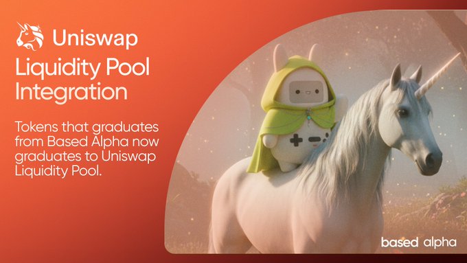 A cheerful cartoon character wearing a green hood rides a white unicorn against a starry red background, with text promoting "Uniswap Liquidity Pool Integration" by Based Alpha, explaining that tokens graduating from Based Alpha move to Uniswap Liquidity Pool. The image relates to the post by showcasing Based Alpha's infrastructure that enables easy trading of memecoins like robinhood tokens through their mobile app integration with Uniswap.