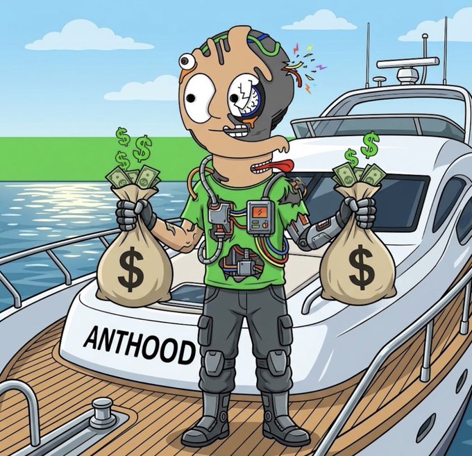 A cartoon illustration shows a cyborg character with an exposed brain and mechanical parts standing on a yacht labeled 'ANTHOOD', holding two money bags with dollar signs.