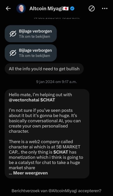 A Telegram DM conversation with crypto influencer @AltcoinMiyagi, in which he pitches $CHAT (VectorChat AI), a conversational AI token he compares to Character.AI's $5B market cap, framing it as a potential catalyst to take market share. The screenshot humorously captures the creator's friend sliding into the influencer's DMs begging for a promotional post — exactly the kind of desperate DM that often fuels pump-and-dump schemes in the crypto space.