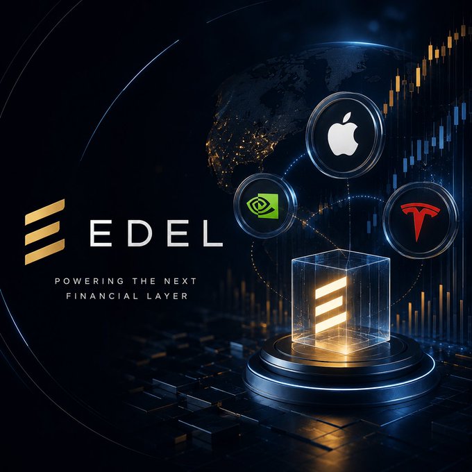 A promotional graphic for Edel with the tagline 'POWERING THE NEXT FINANCIAL LAYER,' featuring the Apple, NVIDIA, and Tesla logos connected to a glowing cube with the Edel symbol against a financial chart backdrop.