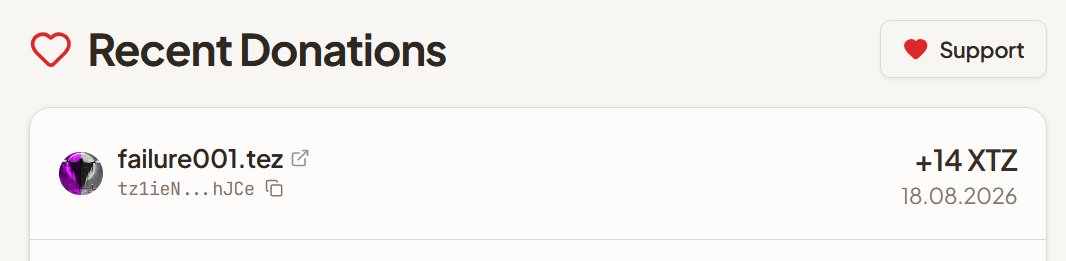 A "Recent Donations" widget shows failure001.tez donated +14 XTZ on 18.08.2026, corresponding to the 14 tz donation mentioned for the TTCrowd Campaign.
