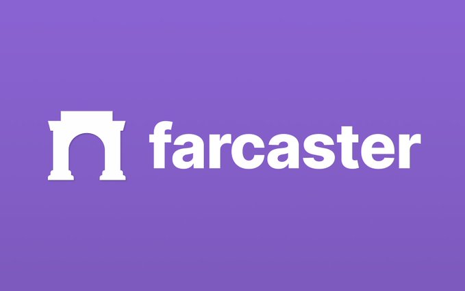 The Farcaster logo, featuring a white arch icon next to the wordmark 'farcaster', is displayed on a solid purple background.