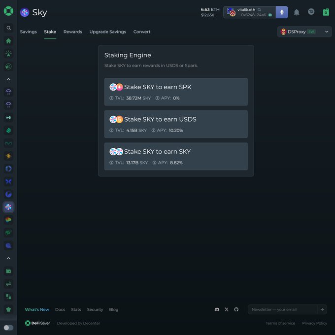 Sky (formerly Maker) staking interface showing 6.63 ETH ($12,650), with staking options to earn SPK (38.72M SKY TVL, 0% APY), USDS (4.15B SKY TVL, 10.20% APY), or SKY (13.17B SKY TVL, 8.82% APY).