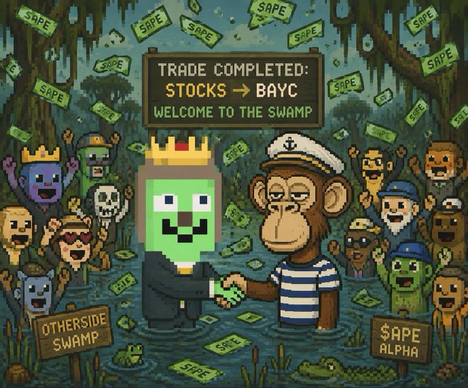 A pixel-art style illustration showing a green zombie-like character wearing a crown shaking hands with a Bored Ape Yacht Club (BAYC) monkey, with a sign reading 'TRADE COMPLETED: STONKS → BAYC WELCOME TO THE SWAMP' and money falling from the sky.
