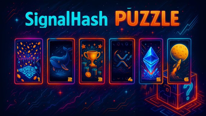 A digital graphic titled 'SignalHash PUZZLE' displays six cards numbered 1-6 featuring a circuit board, whale, trophy, abstract symbol, Ethereum logo, and moon/rocket, with the 6th card appearing to unlock from a mystery box.