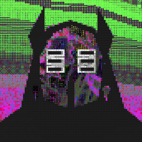 Pixelated digital art of a dark figure with glowing rectangular eyes against a bright green and pink glitch-art background.