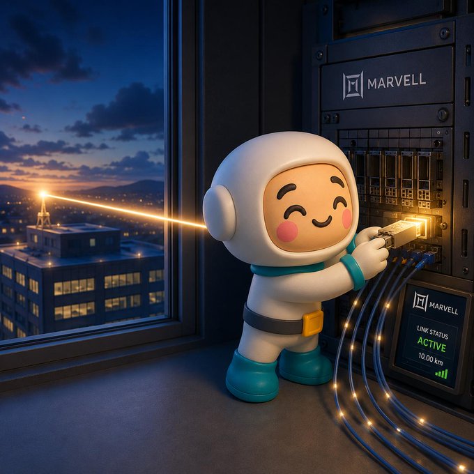 A cute cartoon-style mascot in a white spacesuit plugs a glowing fiber optic cable into a Marvell network switch with active status of 10.00 K, set against a sunset city skyline.