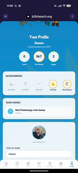 Screenshot of a profile page on b3trbeach.org for user 'Shazam', a Coastal Guardian since 2026, showing 0 Events, 56.7 KG Collected, and 2 Badges with achievements like Wave Maker and Trash Titan.