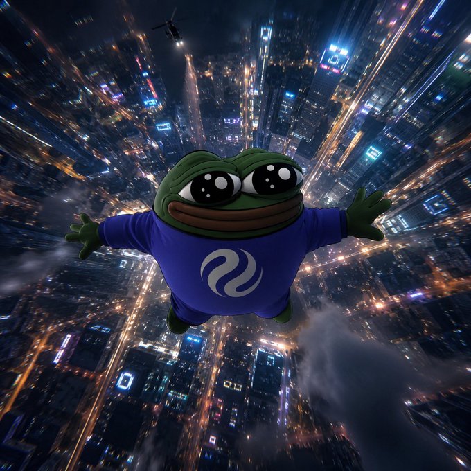 A Pepe the Frog character wearing a blue shirt with the Injective (INJ) logo is depicted skydiving over a sprawling, illuminated cityscape at night, with a helicopter visible in the distance.