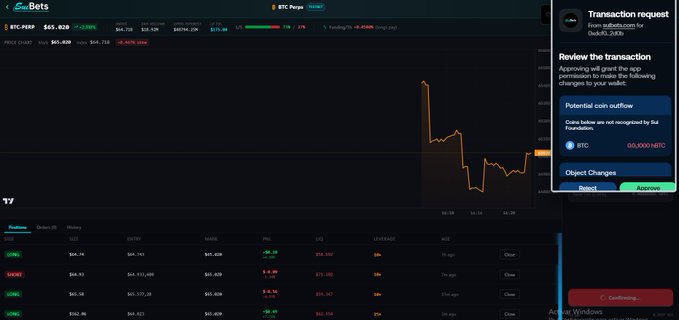 Screenshot of a crypto betting platform called 'Bits' showing Bitcoin price charts at $64,828 and a transaction request dialog for 50,000 HRC tokens with Approve/Reject buttons.