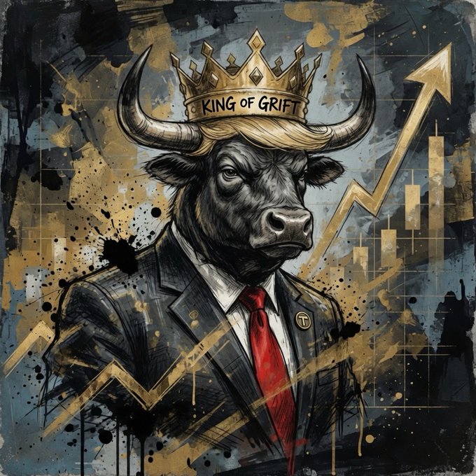 Artistic illustration of a bull dressed in a business suit with a red tie, wearing a gold crown labeled 'KING OF GRIFT' and a 'T' (TRON) pin, set against a background of rising financial charts.