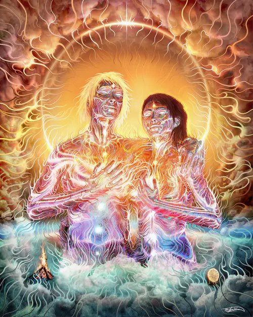The caption "Connected for Eternity" by @silviovieiraart suggests a thematic focus on the eternal connection between the two figures shown. The digital artwork's intricate fusion of organic motifs and cosmic elements visually conveys a sense of unity and an interconnected universe, aligning with the concept of an everlasting bond. The image's radiant glow and celestial backdrop enhance the ethereal and timeless nature of the connection depicted. The reservation of the piece for 1.5 ETH indicates its value and the recognition of the artist's talent in the digital art community.