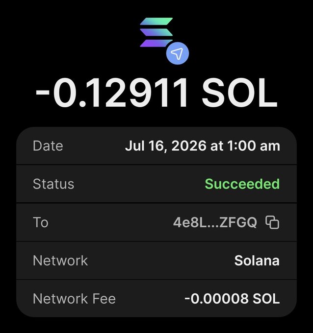 A screenshot of a successful Solana blockchain transaction showing -0.12911 SOL sent on Jul 16, 2026 to address 4e8L...ZFGQ with a network fee of -0.00008 SOL, serving as proof of the SOL prize sent to giveaway winner @jonesjnr091.