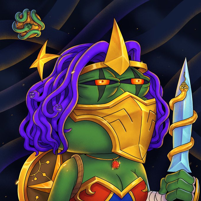 A digital illustration of a fierce, green-skinned warrior with glowing red eyes, purple hair, gold armor, and a crown, wielding a sword wrapped with a snake, set against a starry background.