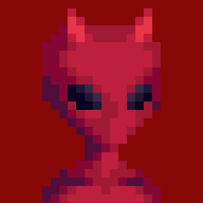 A small, pixel-art style red creature with horns and large dark eyes is shown against a dark red background, appearing to be a digital collectible character from the "Other Worlders" project. The blocky, chibi-like design with its distinctive horned head and wide-eyed expression reflects the "ridiculous trait combo" mentioned in the caption, showcasing an unusual or humorous combination of visual features.