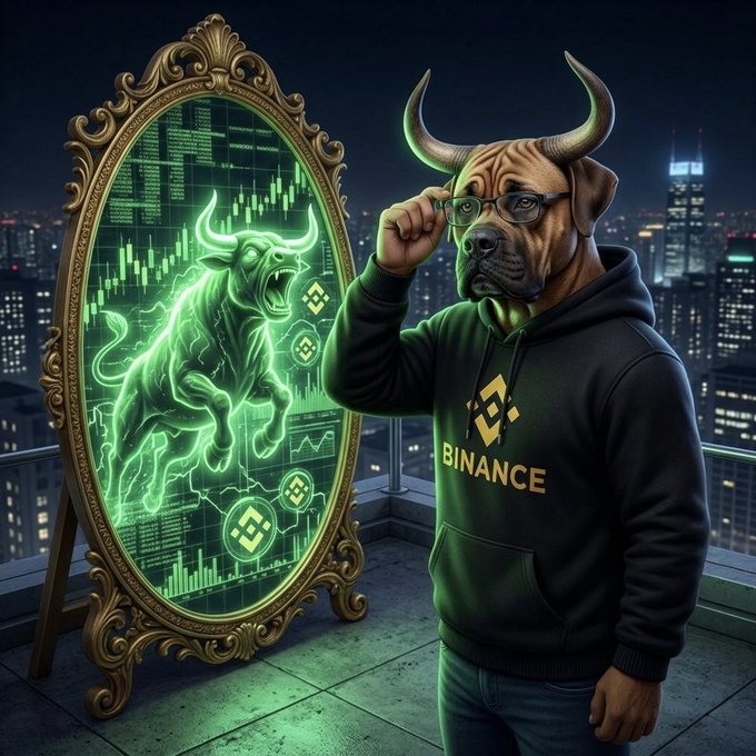 A digital illustration features a brown dog wearing glasses and a green 'BINANCE' hoodie, standing beside a glowing mirror that displays a bull and financial charts.