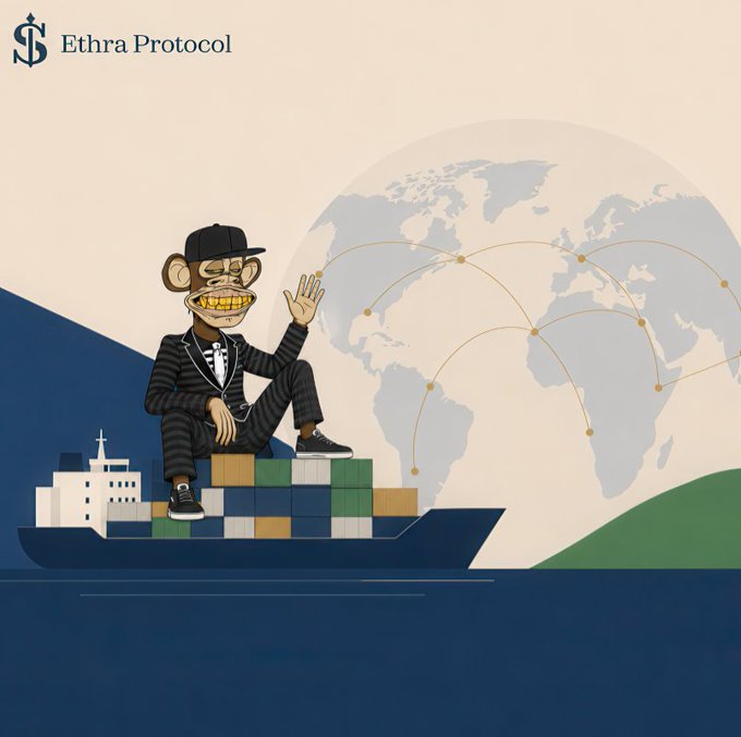 A stylized illustration featuring the "Ethra Protocol" logo alongside a Bored Ape-style character in a tuxedo sitting atop a cargo ship loaded with shipping containers, set against a world map with interconnected trade routes—visually reinforcing the post's message about Ethra Ship's role in simplifying global trade through accessible infrastructure.