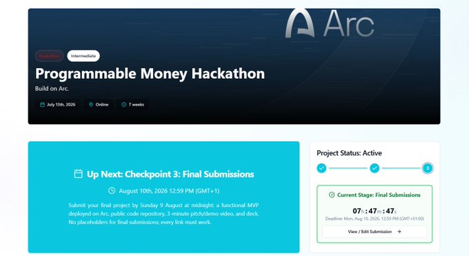 Screenshot of the 'Programmable Money Hackathon' page on Arc, showing Checkpoint 3: Final Submissions deadline with a countdown timer.