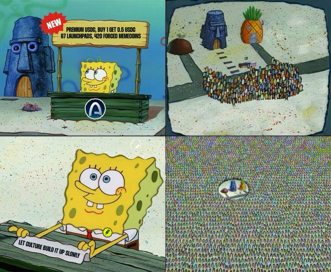 A four-panel SpongeBob meme shows SpongeBob selling 'PREMIUM USDC' meme coins for USD, with subsequent panels depicting massive crowds, a 'LET CULTURE BUILD IT UP SLOWLY' sign, and final panel filled with a dense repeating crowd pattern.