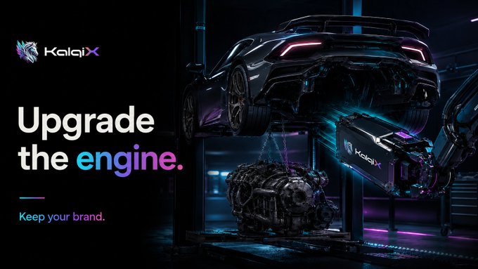 An advertisement featuring a sleek sports car on a lift with an exposed engine, branded with 'KaiaX' logo, alongside the tagline 'Upgrade the engine. Keep your brand.'