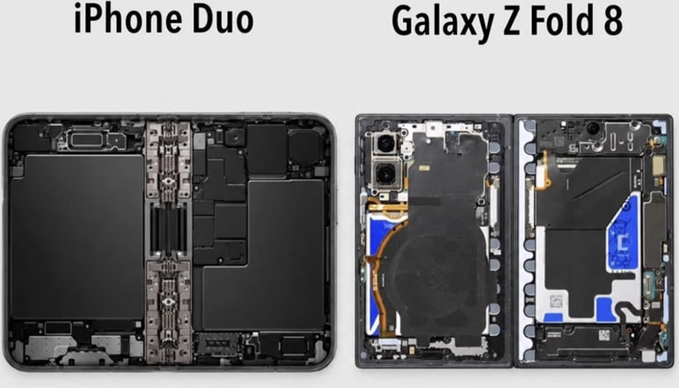 A side-by-side comparison of internal components of an 'iPhone Duo' and a 'Galaxy Z Fold 8', showing exposed circuit boards, batteries, and wiring of both devices.