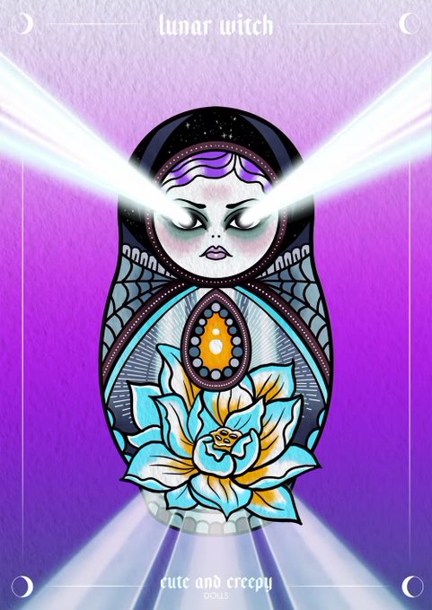 An illustration of a 'lunar witch' Matryoshka doll with closed eyes, glowing light beams from its eyes, and a lotus flower design, labeled 'cute and creepy' at the bottom.