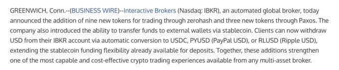 A Business Wire press release announces Interactive Brokers (Nasdaq: IBKR) expanding its crypto offerings with nine new tokens via zerohash and three via Paxos, plus two-way stablecoin transfers in USDC, PYUSD, and RLUSD.