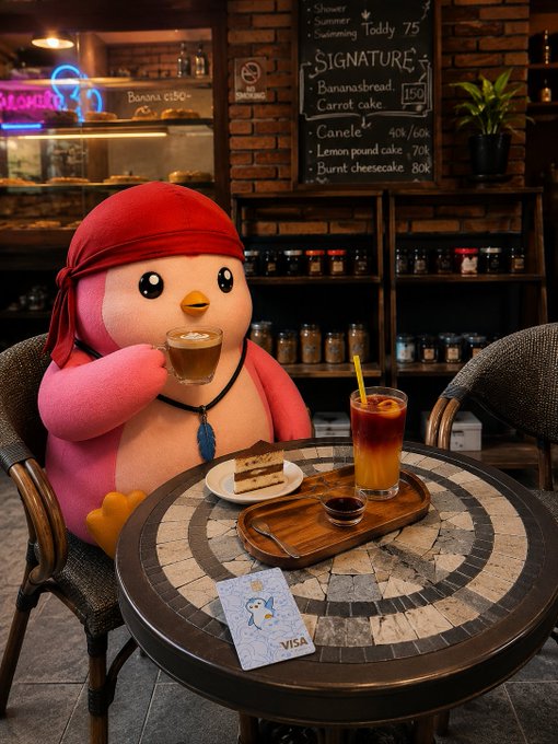 iced coffee, cake, and a menu with prices are displayed on the table, accompanied by a pink stuffed penguin figurine holding a cup of coffee.