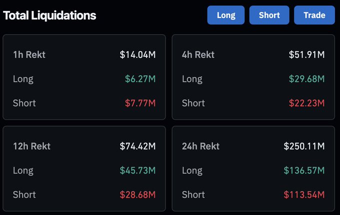 A dark-themed cryptocurrency dashboard titled 'Total Liquidations' showing 'Long' and 'Short' liquidation totals across timeframes: 1h Rekt ($14.04M), 4h Rekt ($51.91M), 12h Rekt ($74.42M), and 24h Rekt ($250.11M).