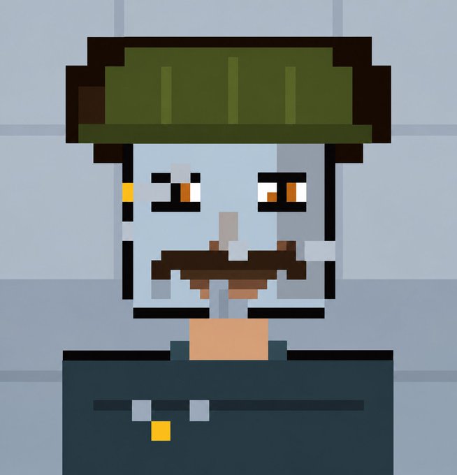 A pixel art character portrait of a gray-skinned man wearing a green military-style cap, with orange eyes, a mustache, and a gold earring.