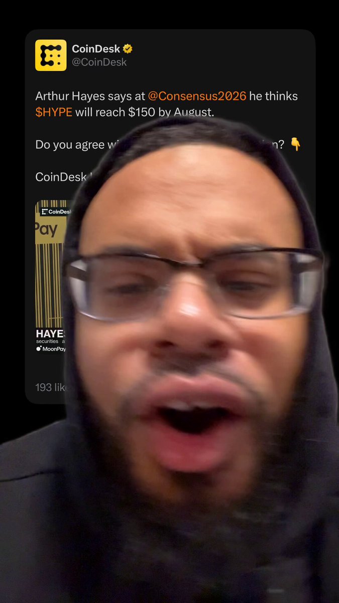The image shows a person wearing glasses with a beard and an open mouth, making a facial expression that appears surprised or shocked. The image also features a social media post for Arthur Hayes, who is a Cryptocurrency expert. The text on the photo seems to be related to the ongoing conversation about Cryptocurrencies, as it says "Arthur Hayes DUMPS his entire $HYPE bag after telling everyone it's going to $150? Typical KOL behavior? Or is there something else going on?" This post could have been sent by someone looking for Arthur Hayes' opinion or advice on a particular matter related to Cryptocurrencies.
