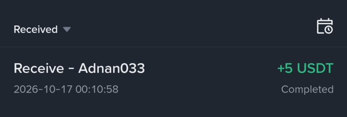 A mobile payment confirmation screen displaying 'Receive - Adnan033' for '+5 USDT', marked 'Completed' on 2026-10-17.