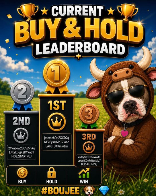 A promotional graphic for the $BOUJEE memecoin features a "Current Buy & Hold Leaderboard" with 1st, 2nd, and 3rd place podiums displaying long alphanumeric wallet addresses, accompanied by a bulldog mascot dressed in a bull costume and the hashtag "#BOUJEE." The image visually supports the post's announcement of the Buy & Hold Contest, showcasing the leaderboard, wallet entries, and the "$120 $50 $30" prize structure to encourage early participation in the Boujee Army before the July 30, 2026 deadline.