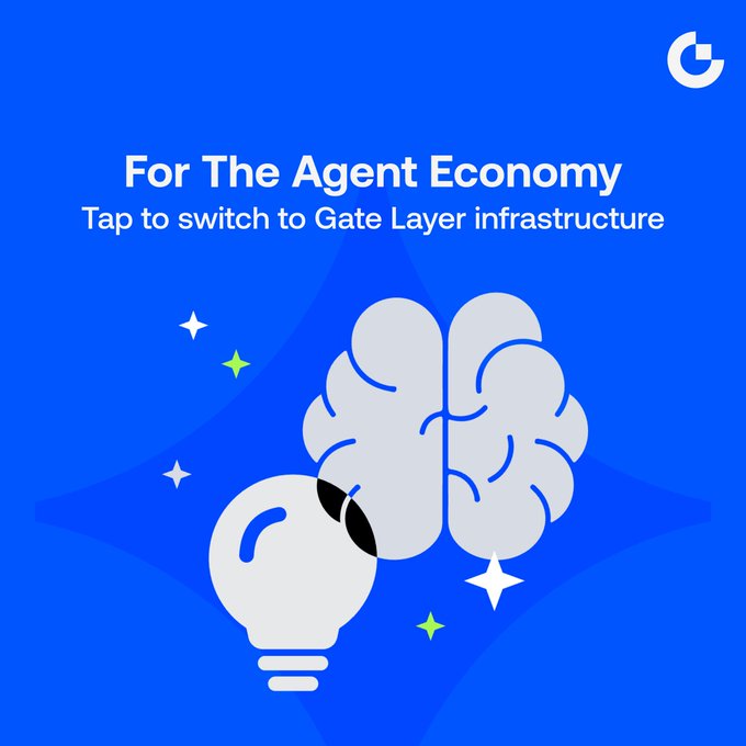A blue promotional graphic with the text 'For The Agent Economy' and 'Tap to switch to Gate Layer infrastructure', featuring a stylized illustration of a brain and a lightbulb.
