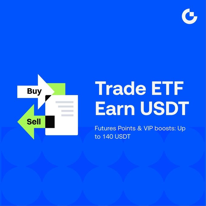 The image presents an advertisement for a trading platform featuring two arrows pointing downwards, with one arrow labeled "Trade ETF" and the other "Sell USDT". The title of the text box reads "Gate !" followed by a list of rewards points and VIP boosts that users can earn on this platform. These rewards include up to 140 USDT in exchange for trading an ETF, as well as 80 USDT in addition to those points. Users have the option to trade up to 4 times with their own funds in exchange for these rewards, which are provided directly from the trading platform itself and are not available elsewhere.