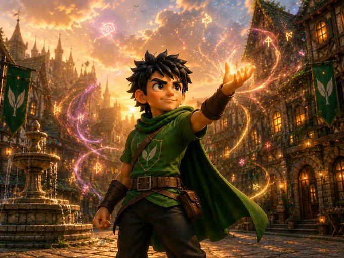 A digital illustration of a young boy in green medieval attire casting colorful, magical glowing symbols in a fantasy village square at sunset.